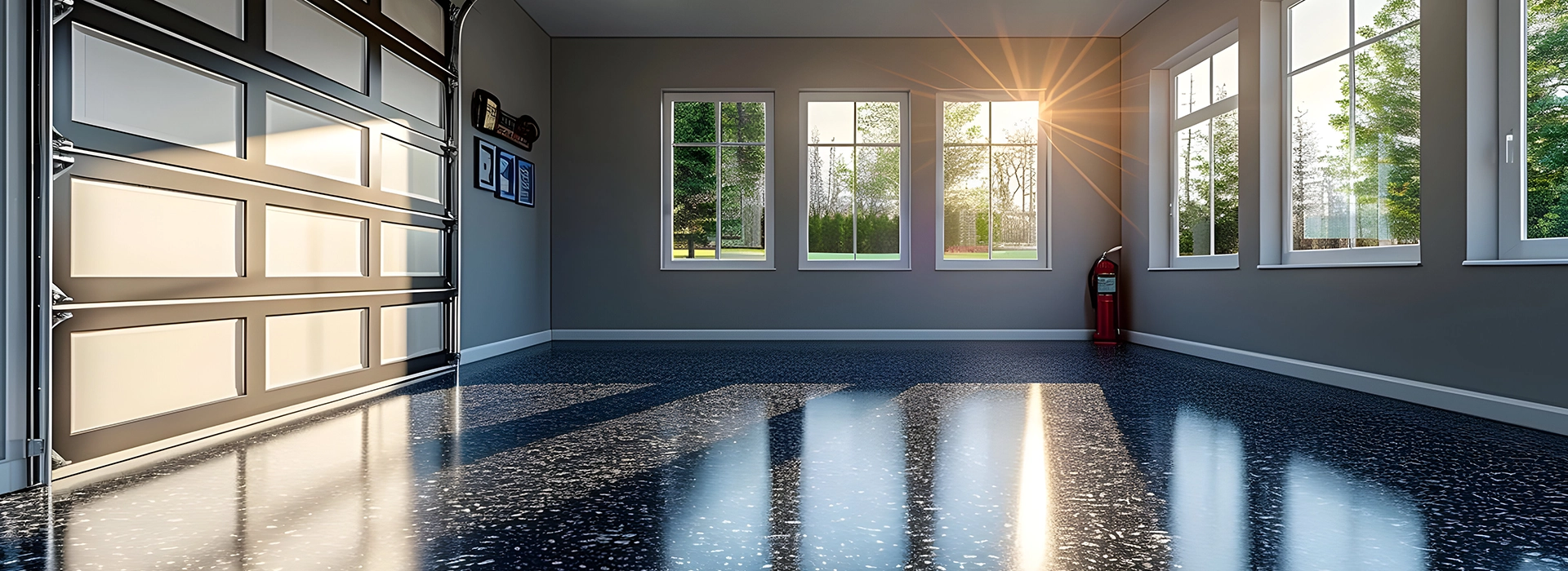 Epoxy flake system floor under car in residential garage, clean and high-shine finish