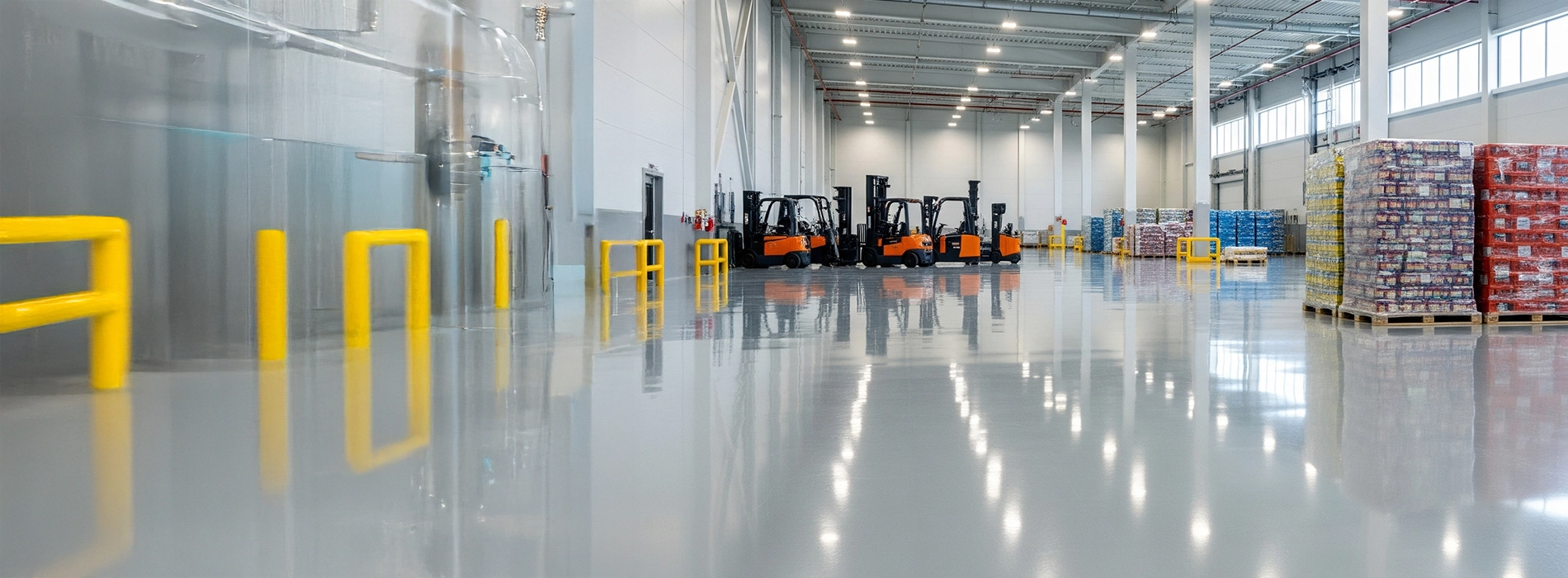 Glass grey epoxy floor in a large commercial warehouse, clean and compliant